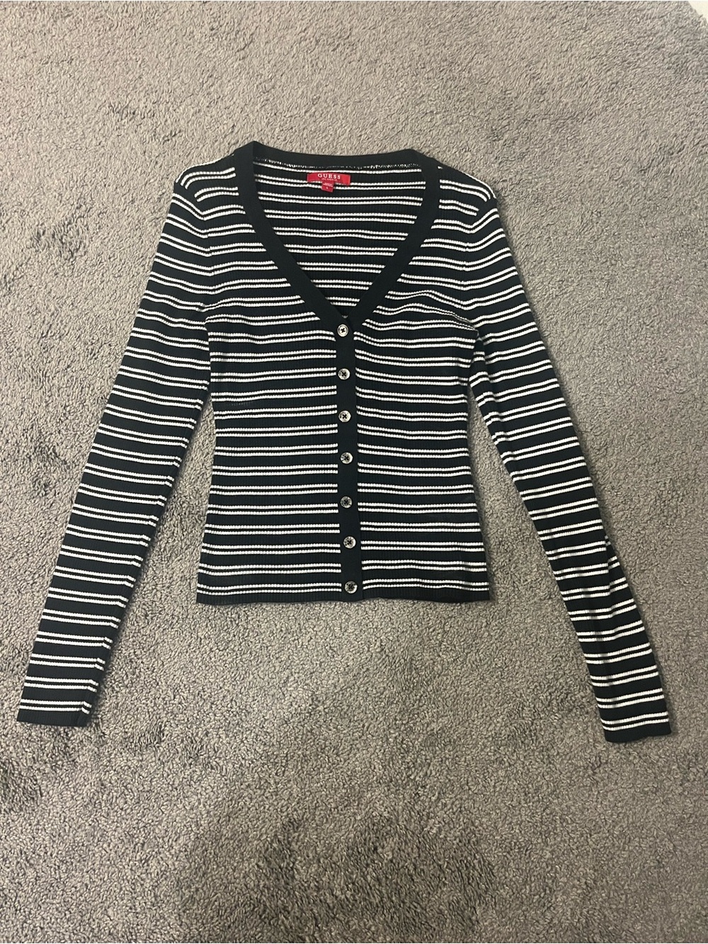 Guess Black and White Striped V-Neck Button Long Sleeve